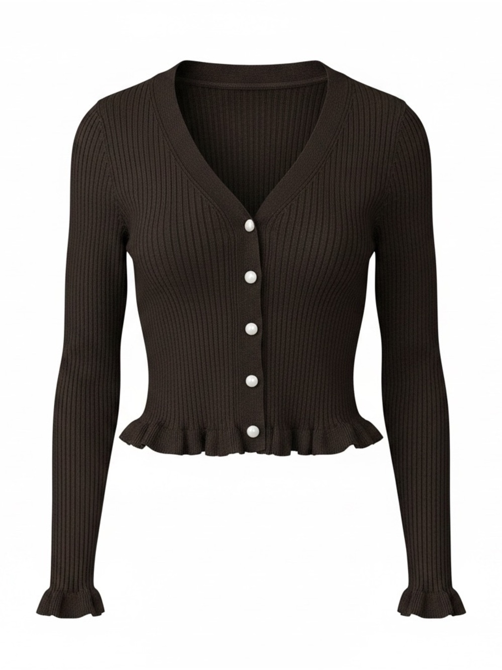 COMMENSE Sold Out Dark Green Ribbed Cardigan XL Pearl Buttons Ruffle Trim